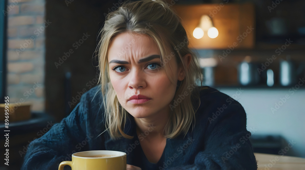 Moody portrait of grumpy stressed out woman in the morning drinking coffee, sad depressed concept, people background