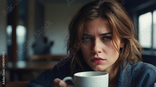 Obraz na płótnie Moody portrait of grumpy stressed out woman in the morning drinking coffee, sad depressed concept, people background w salonie