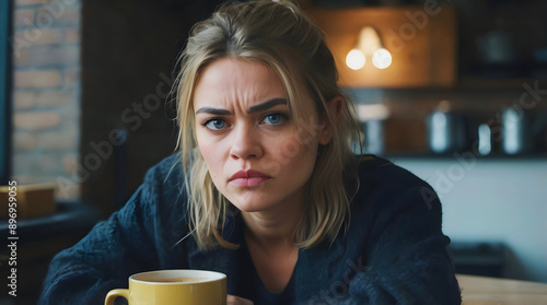 Obraz na płótnie Moody portrait of grumpy stressed out woman in the morning drinking coffee, sad depressed concept, people background w salonie