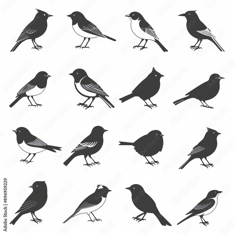 Obraz premium Bird icon set, black and white sparrow symbols, bird sign collection, wild animal pictograms on white