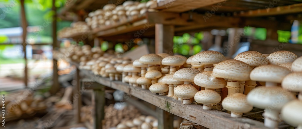 Natural Beauty of Freshly Foraged Mushrooms Being Dried on a Rack Natural Beauty of Freshly Foraged Mushrooms Being Dried on a Rack