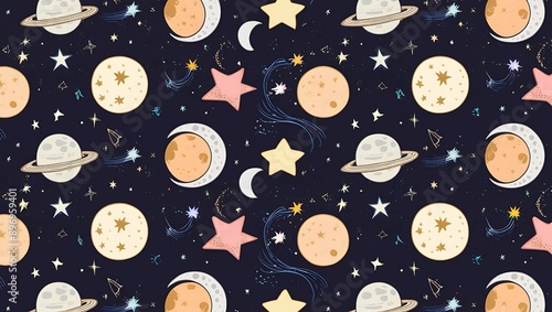 Seamless pattern with planets and stars. Hand drawn photo