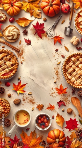 An autumn-themed harvest festival advertisement centered around a pie baking contest, with an editable layout featuring a clean design with a border of pies, fall foliage, and baking tools.