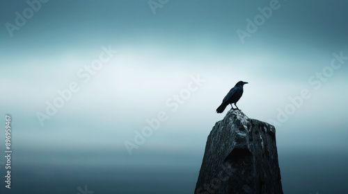 Black bird perched on a weathered stone structure against a cloudy, moody sky.
