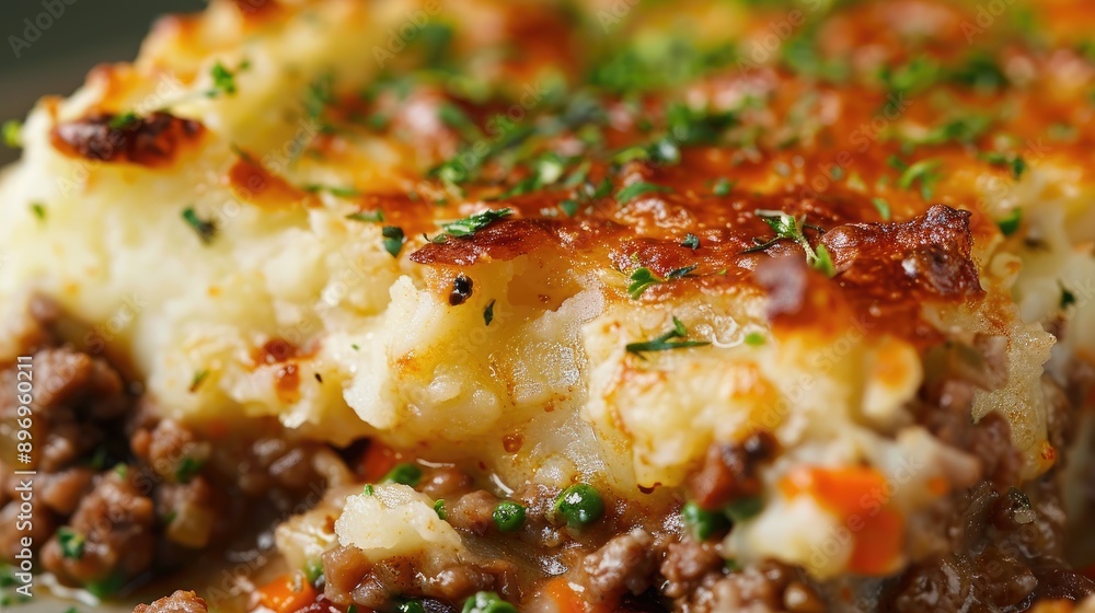 A close up shot of a creamy and golden brown shepherd's pie. This photo is perfect for illustrating a recipe or showcasing a delicious meal. A close up shot of a creamy and golden brown shepherd's pie. This photo is perfect for illustrating a recipe or showcasing a delicious meal.