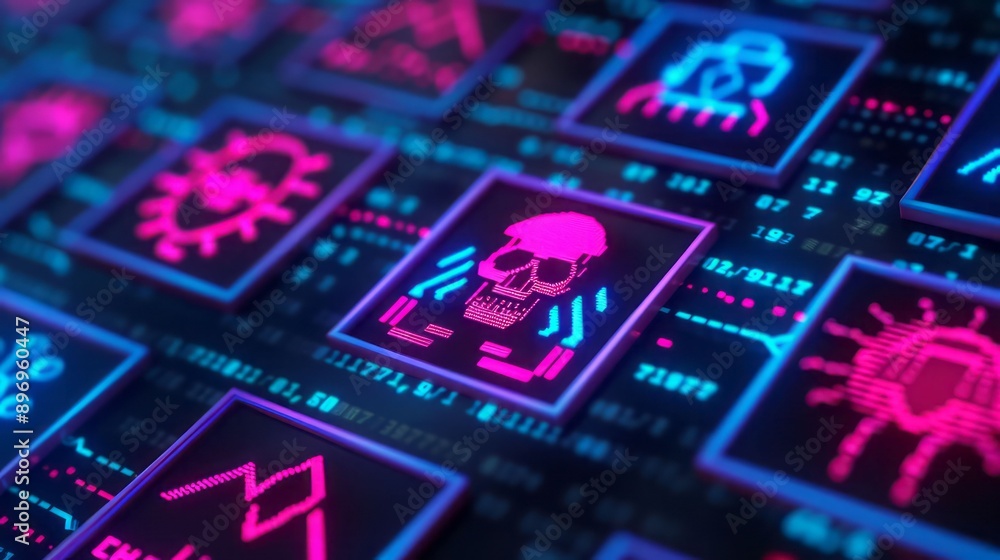 A vibrant digital representation of cyber threats featuring symbols like skulls and viruses in neon colors. A vibrant digital representation of cyber threats featuring symbols like skulls and viruses in neon colors.