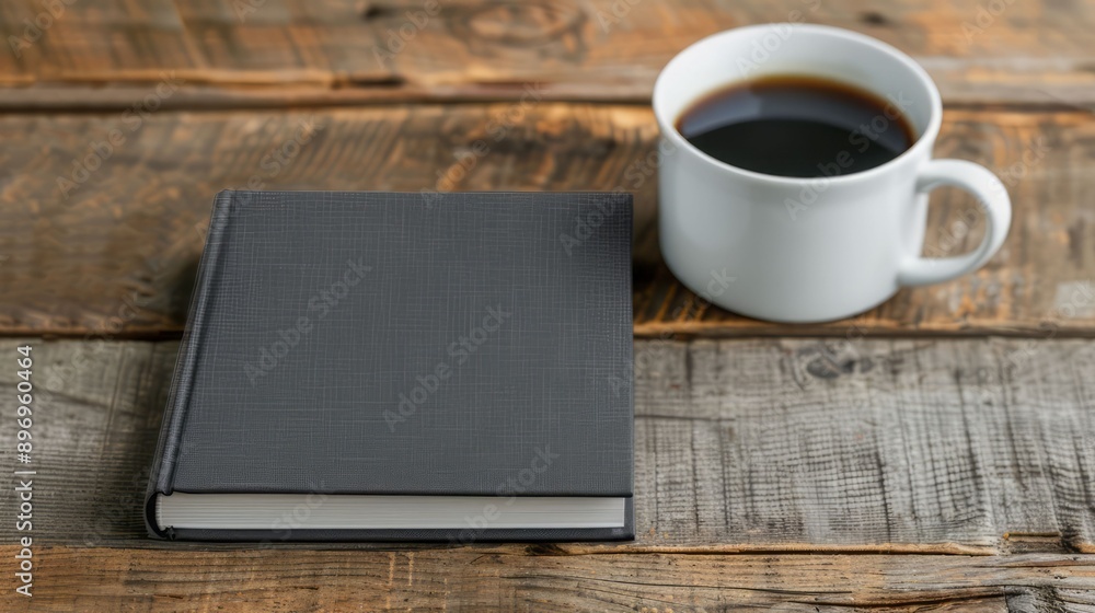A stylish black notebook beside a white coffee cup on rustic wooden table, perfect for productivity or relaxation. A stylish black notebook beside a white coffee cup on rustic wooden table, perfect for productivity or relaxation.