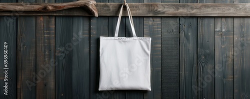 A simple white tote bag hanging on a rustic wooden wall, perfect for eco-friendly shopping or stylish storage.
