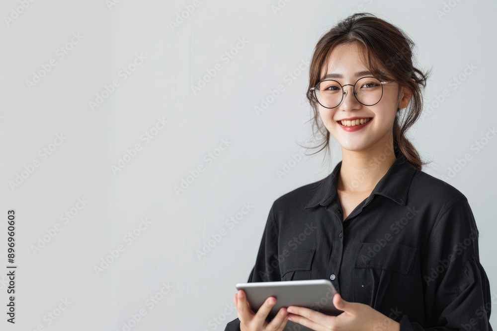 Young Asian woman worker smiling with digital tablet. Young Asian woman worker smiling with digital tablet.