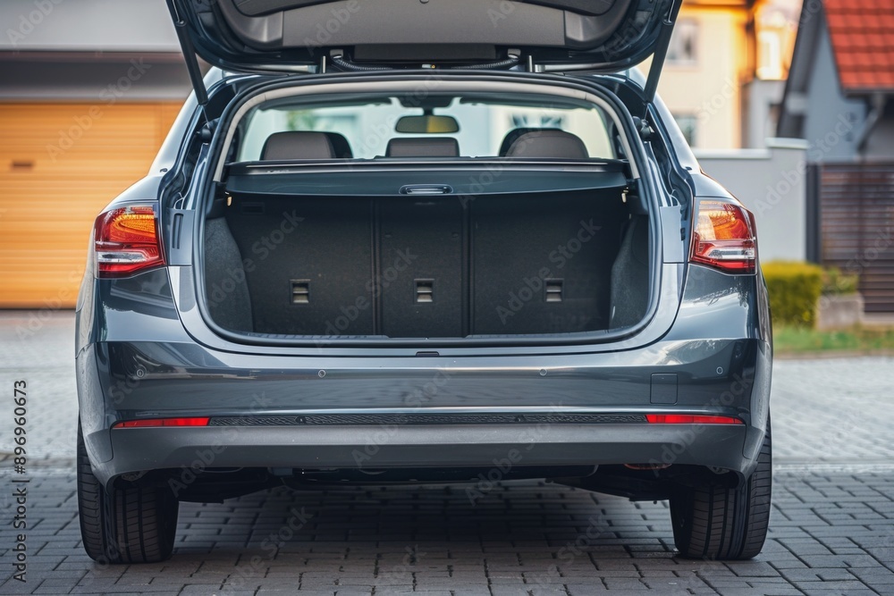 Open clean trunk of car back view, Rear view car with open trunk, headlight, bumper Open clean trunk of car back view, Rear view car with open trunk, headlight, bumper