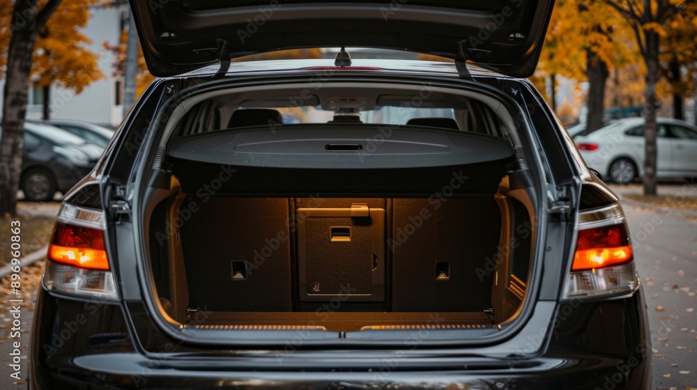 Open clean trunk of car back view, Rear view car with open trunk, headlight, bumper Open clean trunk of car back view, Rear view car with open trunk, headlight, bumper