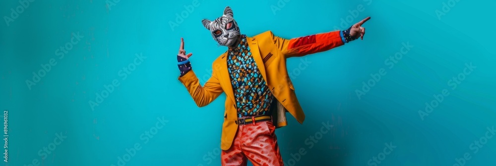 Freak in cat mask dancing, masquerade, absurd carnival, having fun in costume party, weird mask head Freak in cat mask dancing, masquerade, absurd carnival, having fun in costume party, weird mask head