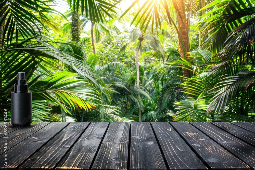 Cosmetic item on table in jungle setting. Cosmetic item on table in jungle setting.