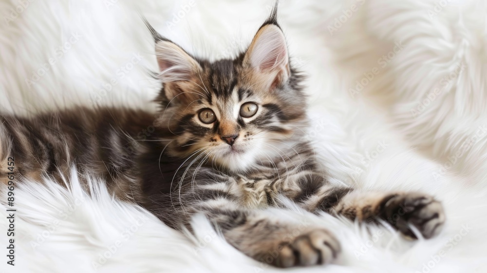 Young Maine Coon kitten lounging on white faux fur gazing at the camera and stretching paws Young Maine Coon kitten lounging on white faux fur gazing at the camera and stretching paws