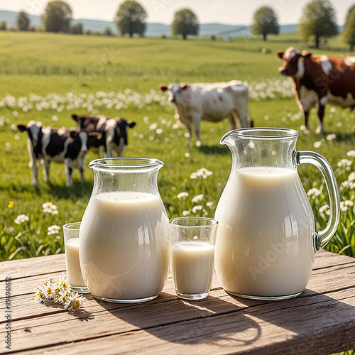 Glass containers filled with milk on a tablecloth in the grass with dairy cows in the background on a sunny meadow. Horizontal composition. photo