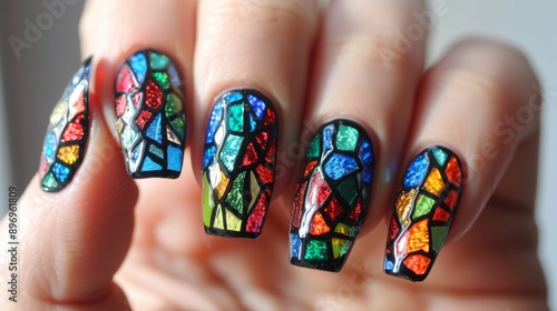 Colorful Mosaic Stained Glass Nail Art, Vibrant Manicure Design for Creative Fashion, Beauty Inspiration