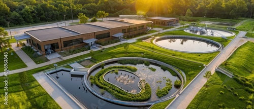 Serene Aerial View of Environmentally Friendly Treatment Plant Surrounded by Lush Greenery