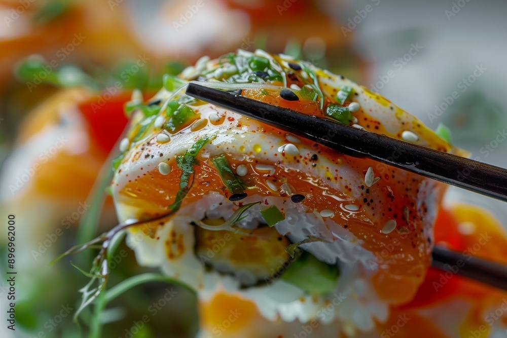Chopsticks Holding Sushi, Salmon Susi Closeup, Sushi Roll Macro, blurred background, copy space Chopsticks Holding Sushi, Salmon Susi Closeup, Sushi Roll Macro, blurred background, copy space