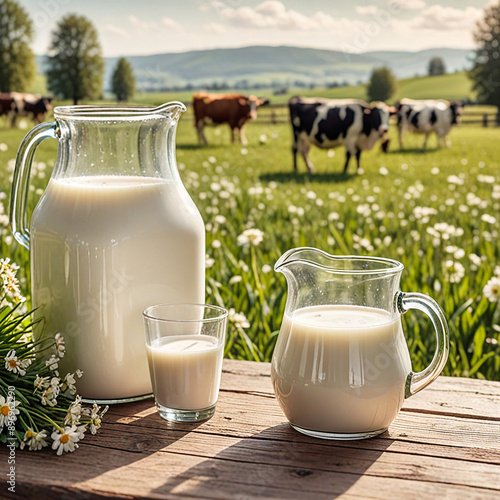 Glass containers filled with milk on a tablecloth in the grass with dairy cows in the background on a sunny meadow. Horizontal composition. photo