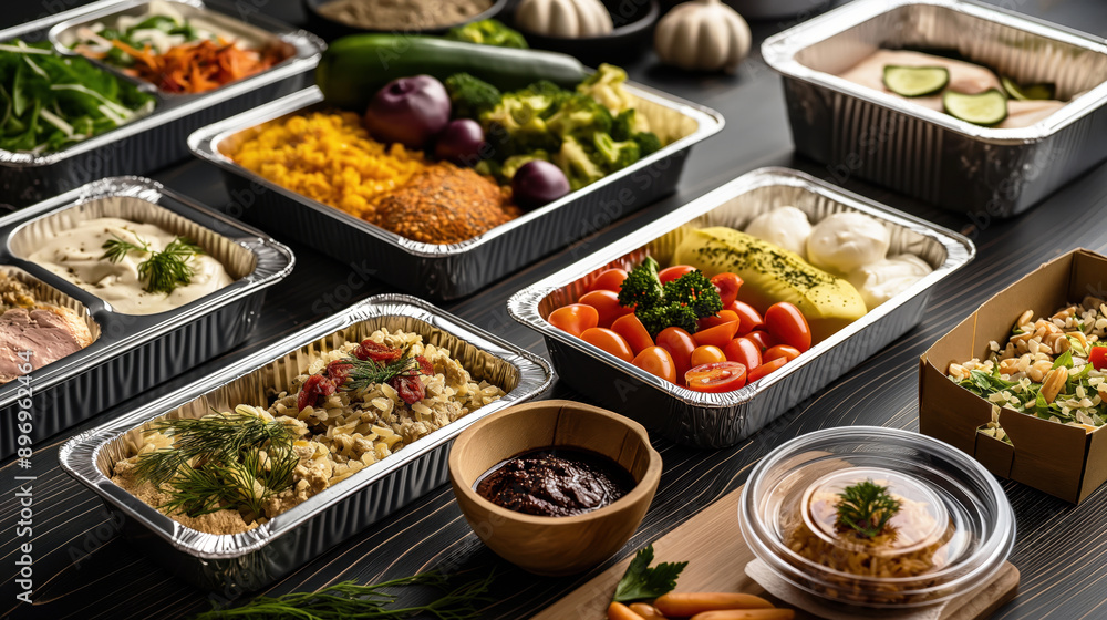 Assorted meal prep containers with various vegetables, salads, grains, and sauces on a dark wooden table. Assorted meal prep containers with various vegetables, salads, grains, and sauces on a dark wooden table.