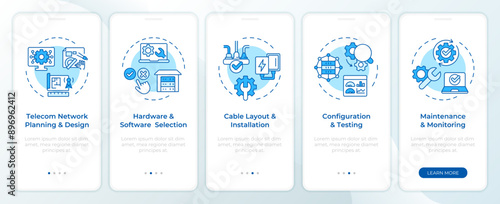Telecom network installation blue onboarding mobile app screen. Walkthrough 5 steps editable graphic instructions with linear concepts. UI, UX, GUI template. Montserrat SemiBold, Regular fonts used