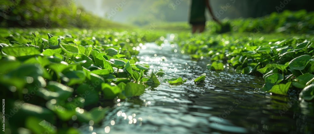 Harvesting Fresh Watercress by the Serene Stream - Gathering Wild Greens in Lush Forest Setting Harvesting Fresh Watercress by the Serene Stream - Gathering Wild Greens in Lush Forest Setting