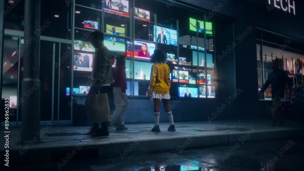 African Girl in a Yellow Jacket and White Skirt Stops to Watch a Storefront TV Display with Multiple Screens. Neon Screens Reflecting on a Wet Pavement as Diverse People Walking on the Sidewalk African Girl in a Yellow Jacket and White Skirt Stops to Watch a Storefront TV Display with Multiple Screens. Neon Screens Reflecting on a Wet Pavement as Diverse People Walking on the Sidewalk