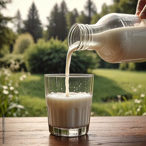 Glass containers filled with milk on a tablecloth in the grass with dairy cows in the background on a sunny meadow. Horizontal composition. photo