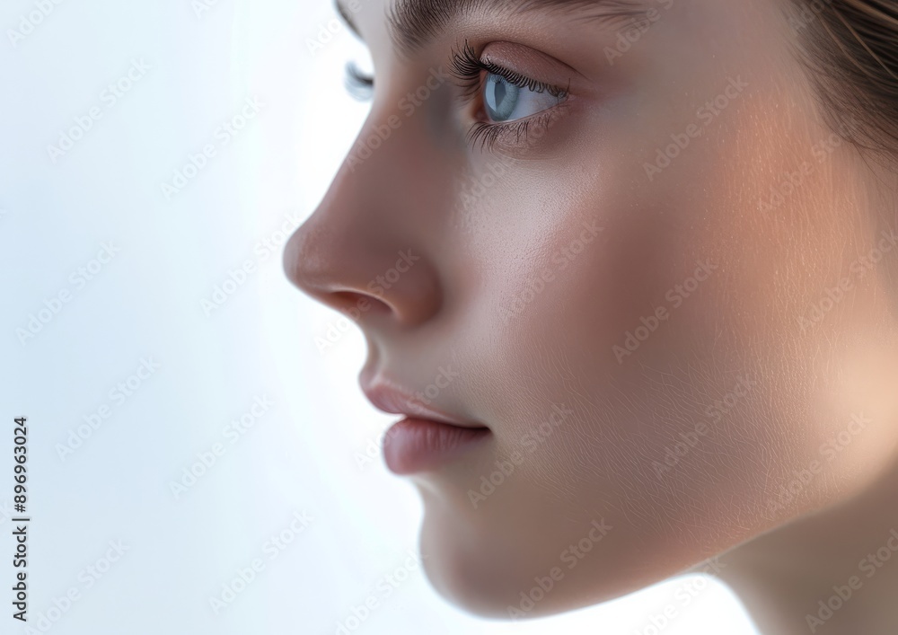 The serene and elegant profile portrait of a young woman beautifully captures her beauty and grace, with flawless skin and captivating blue eyes, radiating a sense of calm and purity The serene and elegant profile portrait of a young woman beautifully captures her beauty and grace, with flawless skin and captivating blue eyes, radiating a sense of calm and purity