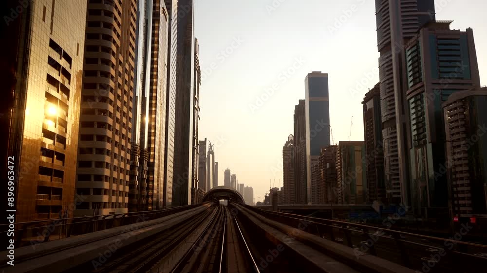 The urban skyline is enhanced by skyscrapers during sunset as seen from the railway tracks