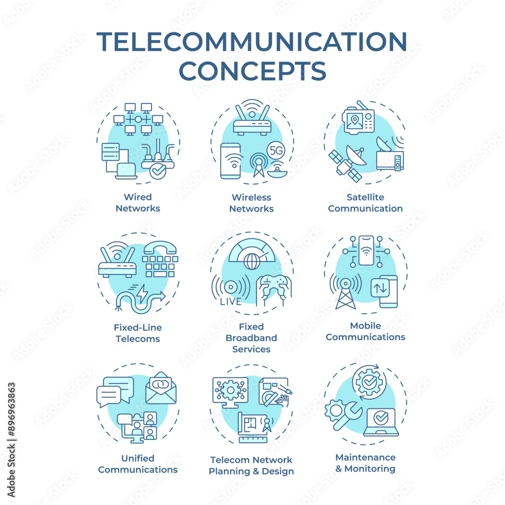 Telecommunication soft blue concept icons. Wired and wireless networks. Telecom tower. Signal transmit. Internet access. Icon pack. Vector images. Round shape illustrations. Abstract idea Telecommunication soft blue concept icons. Wired and wireless networks. Telecom tower. Signal transmit. Internet access. Icon pack. Vector images. Round shape illustrations. Abstract idea