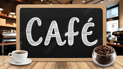 Cafe chalkboard on wooden table in coffee shop  photo