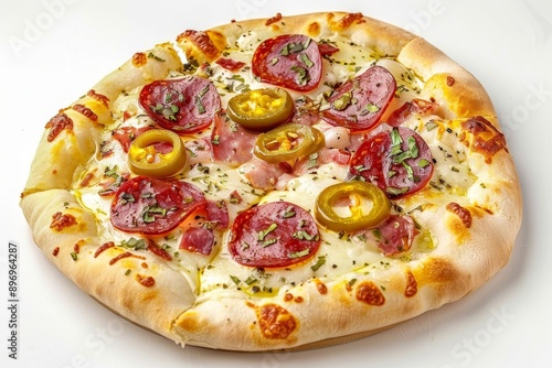 Pepperoni Pizza, Traditional Italian Diabolo Pizza Flatbread with Salami, Chili Pepper, Mozzarella photo