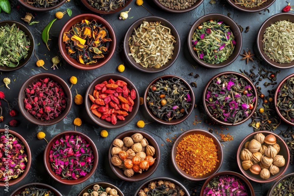 Herbal Tea Mixes Set Top View Flat Lay on Natural Background. Dry Organic Healthy Tea Leaves, Fruits, Flowers Herbal Tea Mixes Set Top View Flat Lay on Natural Background. Dry Organic Healthy Tea Leaves, Fruits, Flowers
