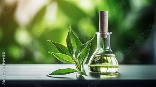 Cosmetic laboratory research and development: bio skincare cream and serum products with natural organic ingredients and leaves, highlighting advanced science in beauty cosmetics and cosmetology