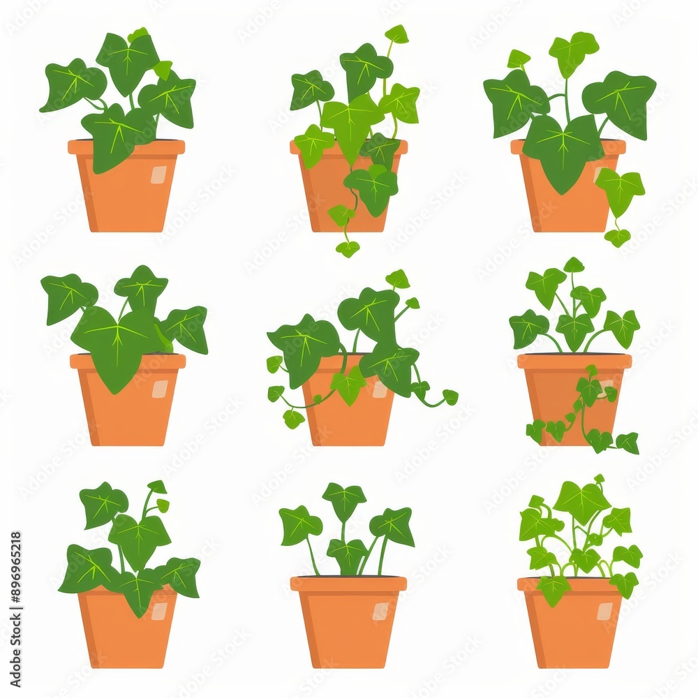 Fototapeta premium English Ivy Pot Plant Icon Set, Hedera Helix Plant Flat Design, Abstract Ivy Symbol, Simple Pot Flowers