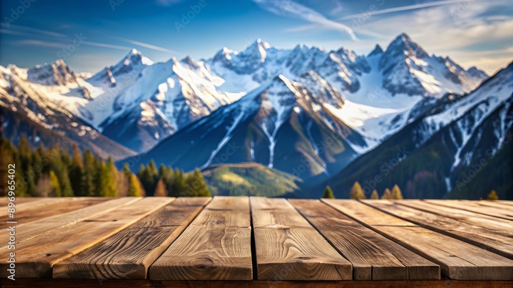 Wooden Tabletop with Snowy Mountain Background. Wooden Tabletop with Snowy Mountain Background.