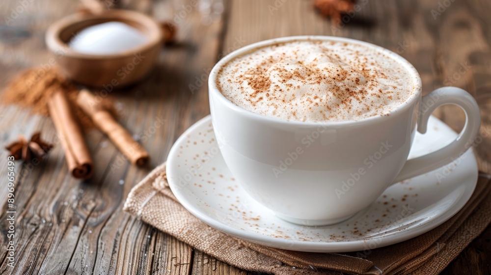 Chai Latte with Frothy Milk and Cinnamon on Wooden Table for Cozy Autumn Drink Chai Latte with Frothy Milk and Cinnamon on Wooden Table for Cozy Autumn Drink