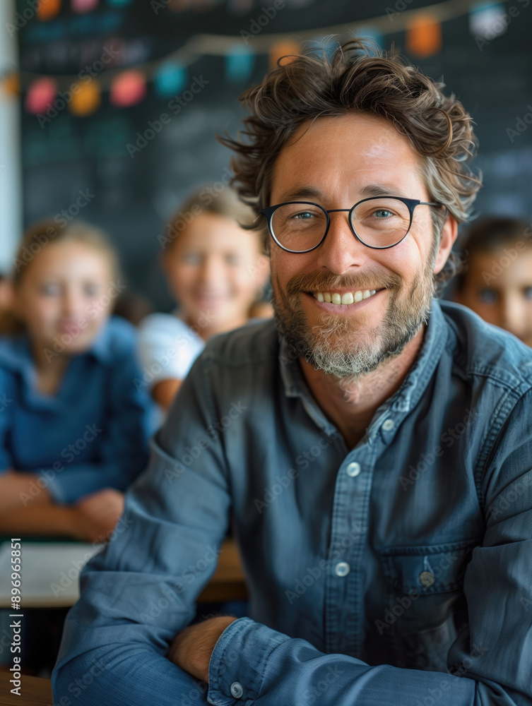 Smiling teacher with glasses in front of students in classroom with blackboard background. Education, happy teacher, classroom environment, learning atmosphere, school concept. Smiling teacher with glasses in front of students in classroom with blackboard background. Education, happy teacher, classroom environment, learning atmosphere, school concept.