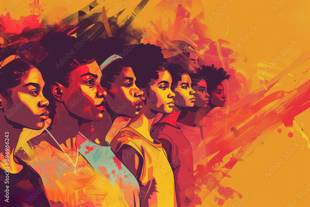 Vibrant digital painting of diverse women in profile with abstract colorful background. Juneteenth, empowerment, unity, equality, modern art, social change, gender equality, cultural expression. Vibrant digital painting of diverse women in profile with abstract colorful background. Juneteenth, empowerment, unity, equality, modern art, social change, gender equality, cultural expression.