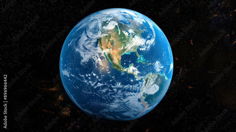 Naklejka premium Beautiful view of the Earth from space. It shows a blue sphere, clouds, and Earth's atmosphere. with stars and galaxies as the background. 