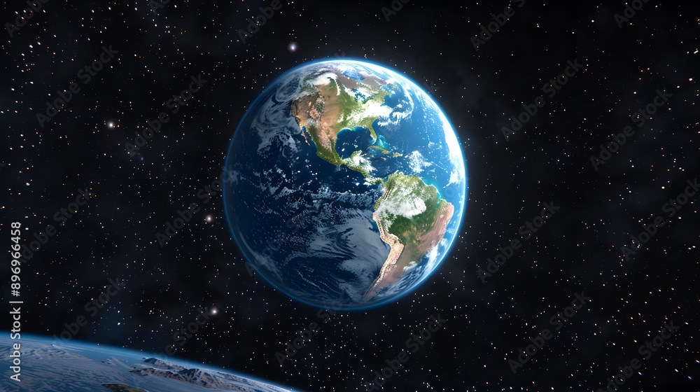 Beautiful view of the Earth from space. It shows a blue sphere, clouds, and Earth's atmosphere. with stars and galaxies as the background.
Beautiful view of the Earth from space. It shows a blue sphere, clouds, and Earth's atmosphere. with stars and galaxies as the background.