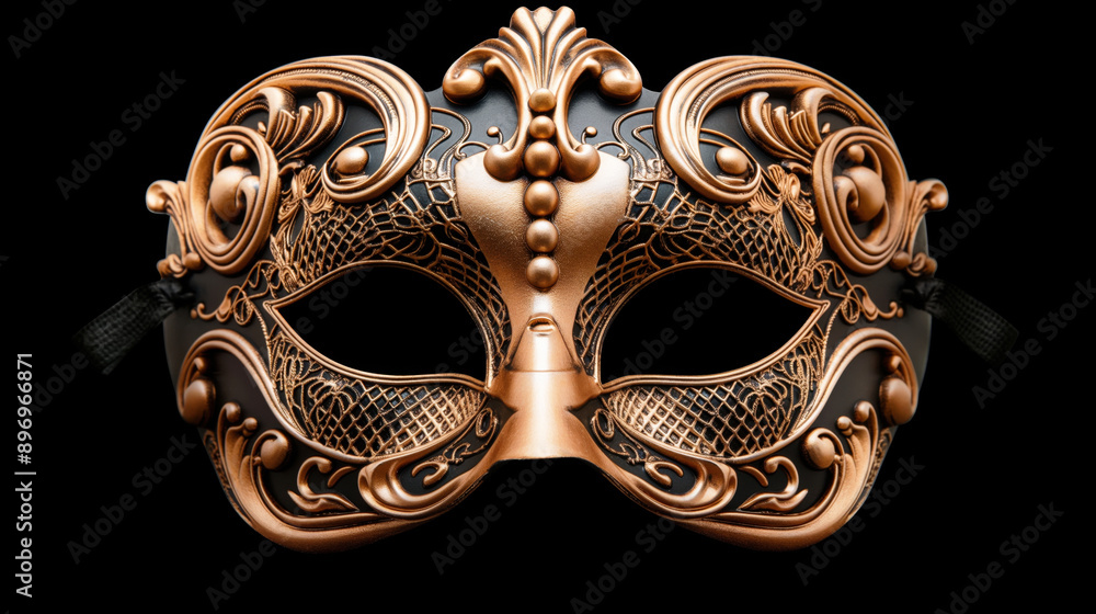 Ornate black and gold masquerade mask with intricate baroque designs on a black background. Ornate black and gold masquerade mask with intricate baroque designs on a black background.