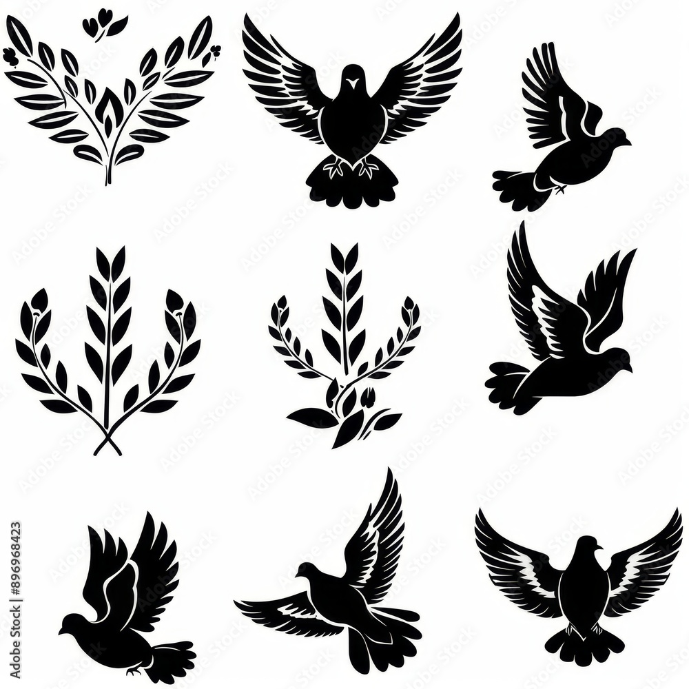Peace dove graffiti, pigeons, twigs ink illustration. Flying birds silhouettes monochrome flat icons Peace dove graffiti, pigeons, twigs ink illustration. Flying birds silhouettes monochrome flat icons