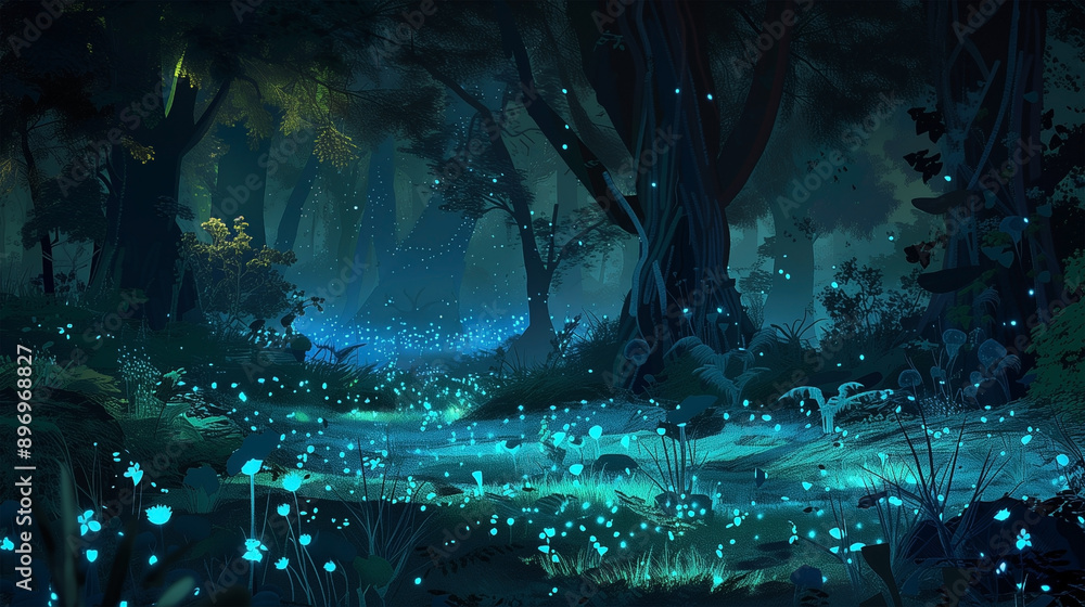 A mesmerizing bioluminescent forest scene illuminated by glowing plants and mystical lights. This enchanting and vibrant artwork captures the serene beauty of a magical A mesmerizing bioluminescent forest scene illuminated by glowing plants and mystical lights. This enchanting and vibrant artwork captures the serene beauty of a magical