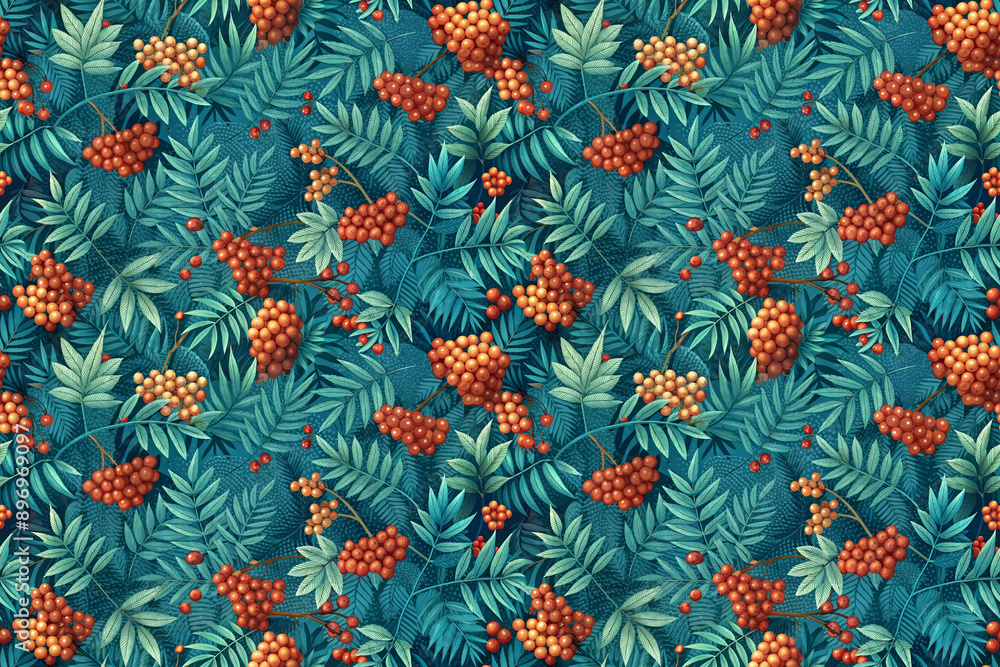 Seamless pattern of red rowan berries on a blue background Seamless pattern of red rowan berries on a blue background