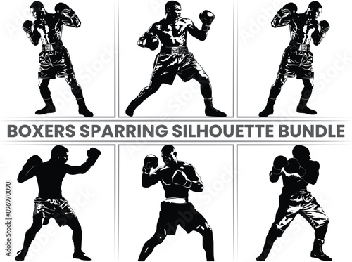 Boxers Sparring Silhouette, This group of sports figures features boxers isolated on a white background, demonstrating direct kicks, clinches, fighting stances, knockouts, and hooks.