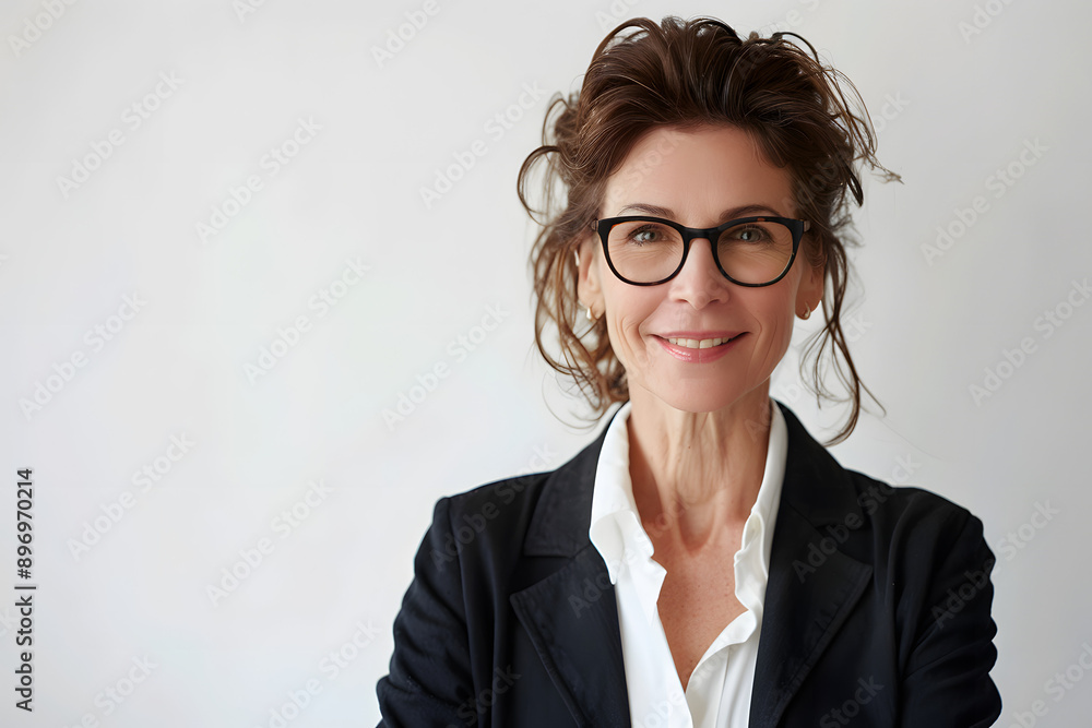 Confident Mature Businesswoman with Warm Smile and Stylish Glasses on Clean White Background Confident Mature Businesswoman with Warm Smile and Stylish Glasses on Clean White Background