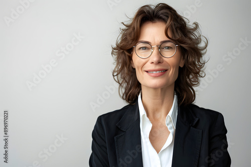 Confident Mature Businesswoman with Warm Smile and Stylish Glasses on Clean White Background