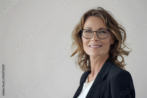 Confident Mature Businesswoman with Warm Smile and Stylish Glasses on Clean White Background